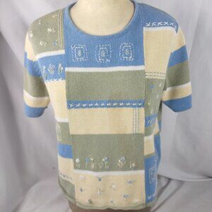 Koret Francisca Women's Short Sleeve Pullover Sweater Blue/Tan Patch Size Medium